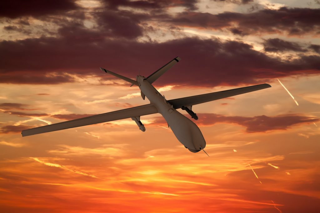 Military UAV airplane flies